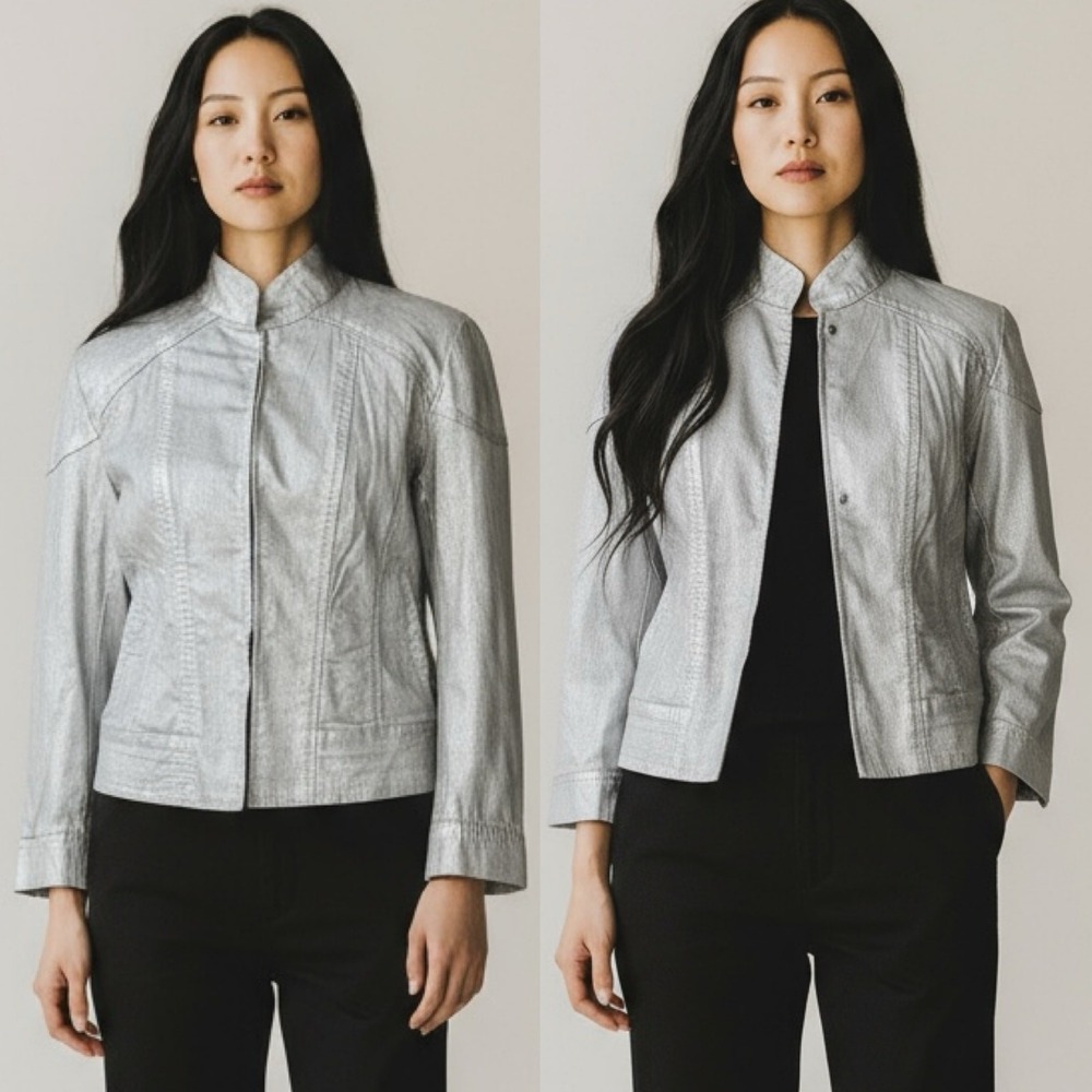 New NWT Chico's Platinum Dariella Silver Shimmer Full Zip‎ Jacket - 0 / US Small
